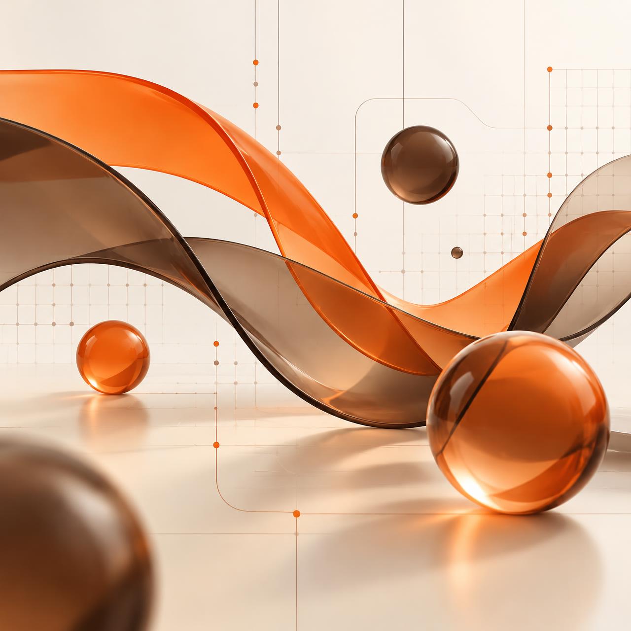Abstract orange and brown glass forms representing connected technology